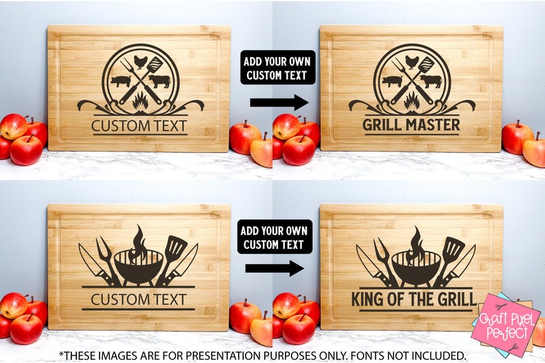May include: Two different designs for a personalized bamboo cutting board. The first design features a grill with crossed utensils, a chicken, a pig, and a cow. The second design features a grill with crossed knives and a spatula. Both designs have the text "Add your own custom text" and a space for a custom message.