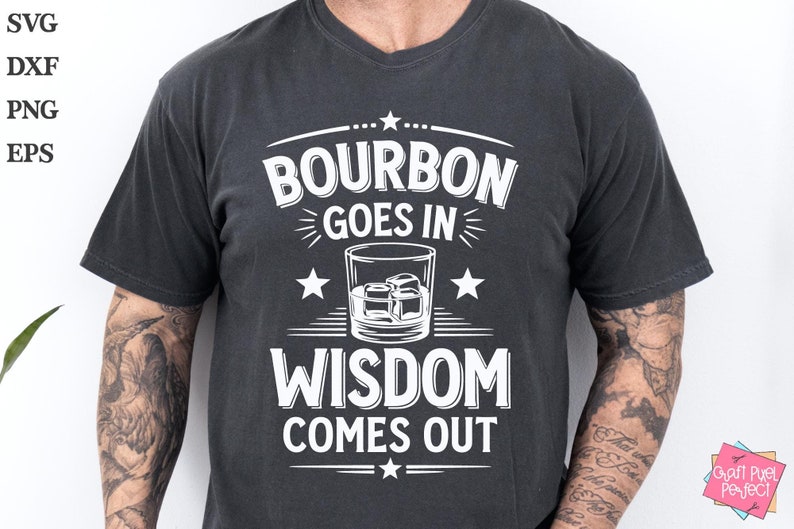 Add humor to your projects with this "Bourbon Goes In Wisdom Goes Out" design. Perfect for Cricut & Silhouette users to create bar signs, shirts, or funny gifts for bourbon lovers. A playful design for drinking humor enthusiasts and decor projects!