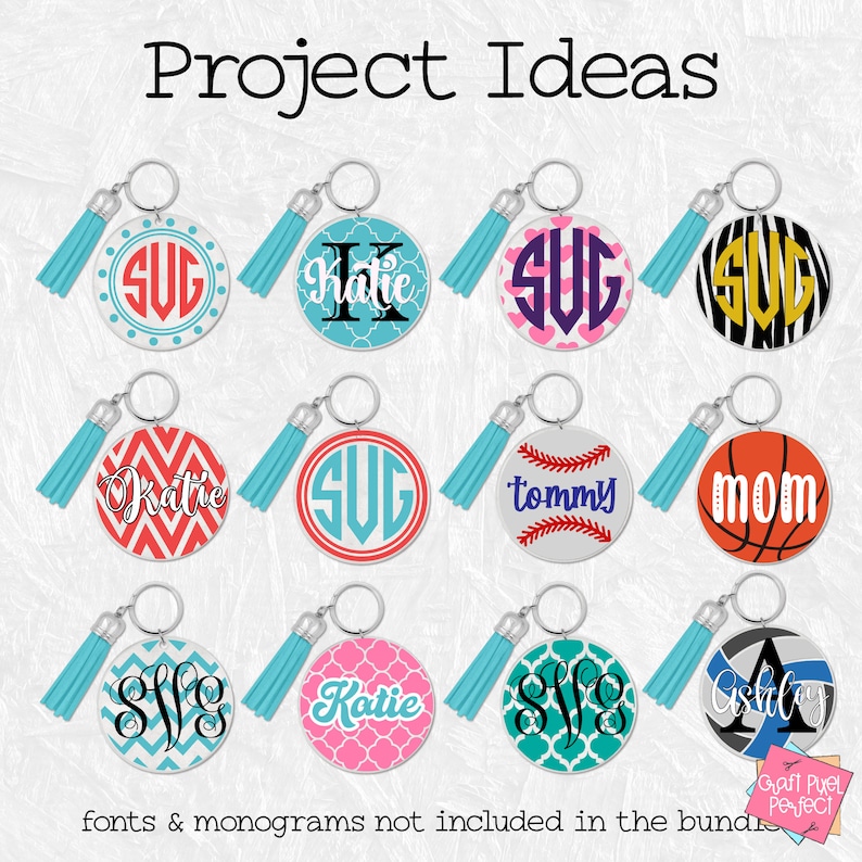 May include: Twelve round keychains with different designs. Some keychains feature a monogram, a name, or a sports-themed design. The keychains are silver with a blue tassel.