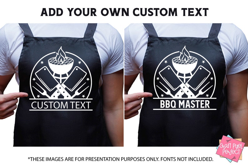 May include: Black apron with a white design of a grill, crossed butcher knives, and forks. The text "BBQ Master" is below the design. The apron is being worn by a person.