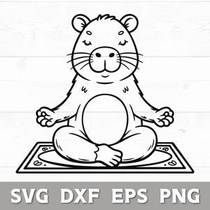 May include: Black and white illustration of a cartoon beaver meditating in the lotus position on a yoga mat. The beaver has its eyes closed and is smiling. The image includes the text "SVG DXF EPS PNG".