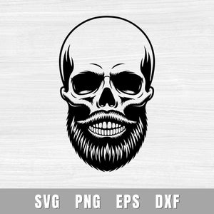 May include: Black and white illustration of a skull with a full beard and mustache. The skull has eye sockets and a nose cavity. The bottom of the image has the text "SVG PNG EPS DXF".