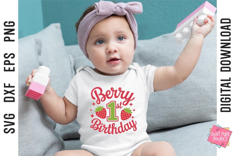 May include: A white onesie with a red and green graphic that says "Berry 1st Birthday" with two strawberries on either side of the number one.