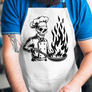 Squelette de chef cuisinier SVG, PNG tête de mort de cuisine, cuisine drôle couper fichier, conception de cuisine toque, humour culinaire Svg, tablier homme Svg, squelette cuisinier Svg