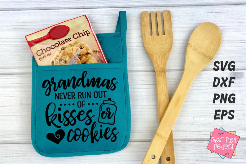 May include: Teal blue oven mitt with a pocket, featuring the text "grandmas never run out of kisses or cookies" in black. A bag of chocolate chip cookie mix is in the pocket.