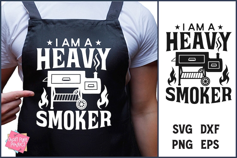 May include: A black apron with white text that reads "I am a Heavy Smoker" and a graphic of a smoker.