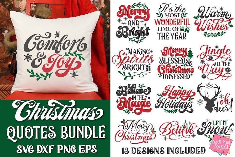 May include: A set of 13 Christmas-themed quotes in a variety of fonts and colors. The quotes include "Merry and Bright", "Making Spirits Bright", "Believe in the Magic", "Jingle All the Way", "Let it Snow", and more. The quotes are perfect for use on greeting cards, gift tags, or home decor.