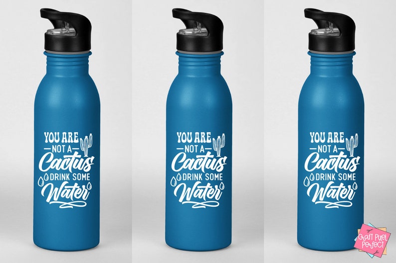 May include: Three blue water bottles with white text that reads "You are not a cactus drink some water" and a small cactus graphic.