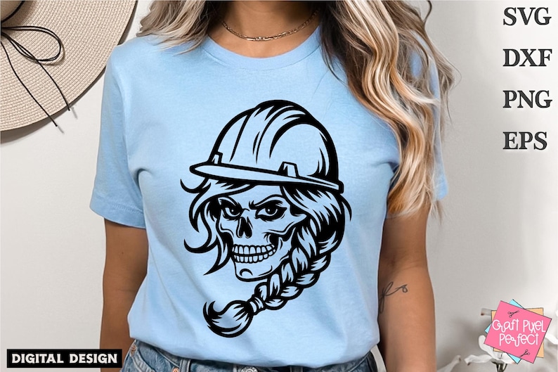 May include: A black and white illustration of a skull wearing a hard hat. The skull has long hair that is braided. The illustration is on a light blue t-shirt. The text 'SVG', 'DXF', 'PNG', and 'EPS' is on the right side of the image. The text 'Digital Design' is on the bottom left of the image. The text 'Craft Pixel Perfect' is on the bottom right of the image.