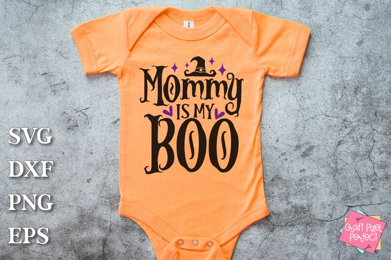 May include: Orange baby onesie with a black and purple design that says "Mommy is my Boo" with a witch's hat above the text.