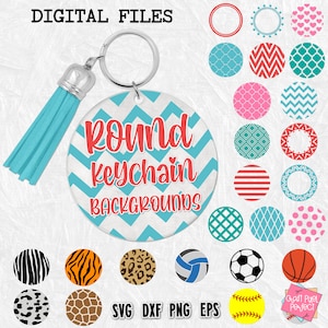 May include: A set of 20 round keychain backgrounds in various colors and patterns, including chevron, polka dot, stripes, and geometric designs. The backgrounds are in SVG, DXF, PNG, and EPS file formats. The image also shows a sample keychain with a blue and white chevron background and the text "round keychain backgrounds".