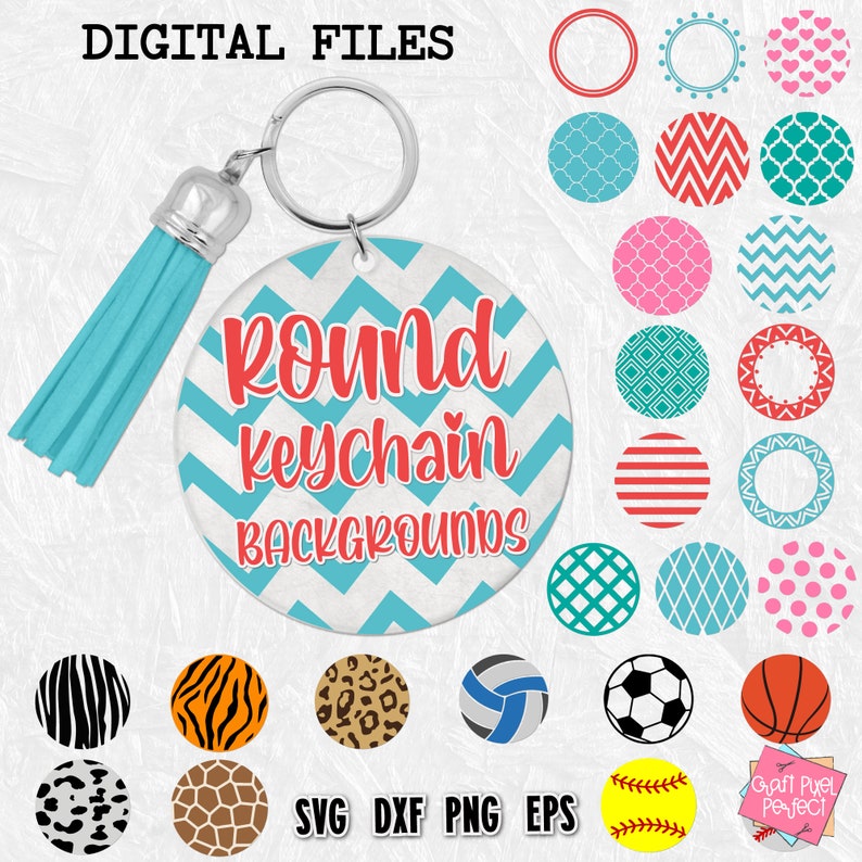 May include: A set of 20 round keychain backgrounds in various colors and patterns, including chevron, polka dot, stripes, and geometric designs. The backgrounds are in SVG, DXF, PNG, and EPS file formats. The image also shows a sample keychain with a blue and white chevron background and the text "round keychain backgrounds".