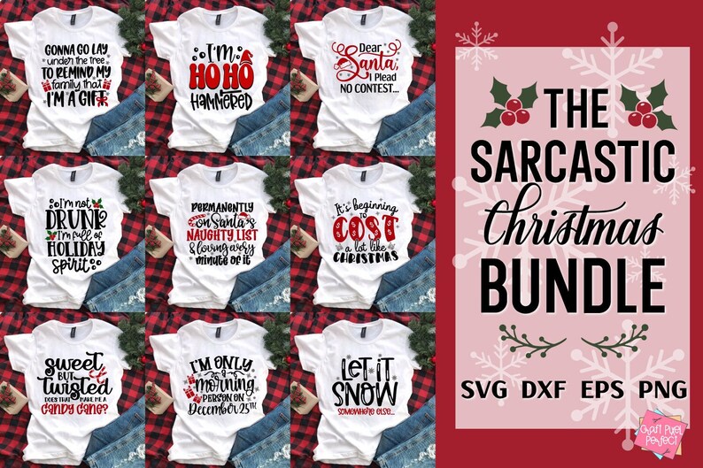 May include: A digital download bundle of 10 sarcastic Christmas-themed SVG, DXF, EPS, and PNG files. The designs feature funny Christmas sayings like "I'm Ho Ho Hammered" and "It's Beginning to Cost a Lot Like Christmas".