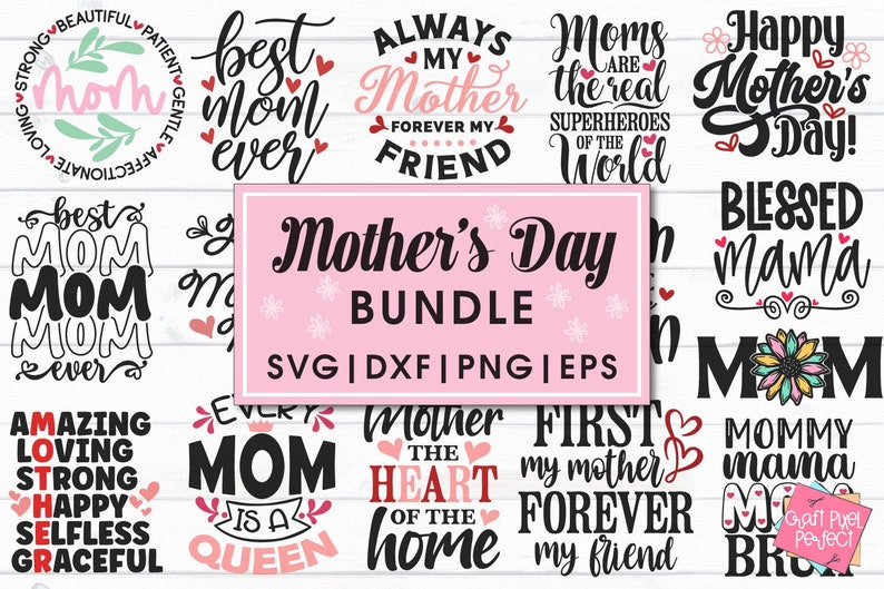 May include: A pink and white Mother's Day bundle of 10 SVG, DXF, PNG, and EPS files featuring various designs with the words "Mom", "Mother", and "Mama" in black and white with pink hearts.