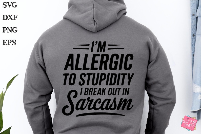 May include: A gray hoodie with the text "I'M ALLERGIC TO STUPIDITY I BREAK OUT IN Sarcasm" printed on the back.