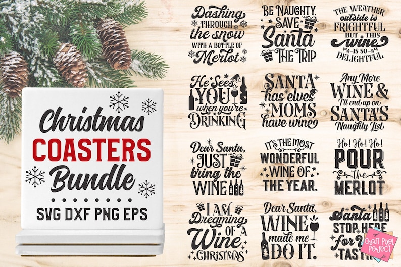 Julunderlägg Svg Bundle, Roliga Vinunderlägg, Underlägg Svg, Drickscitat, Dryck Svg, Cricut Underlägg Svg, Juldrinkordspråk bild 1