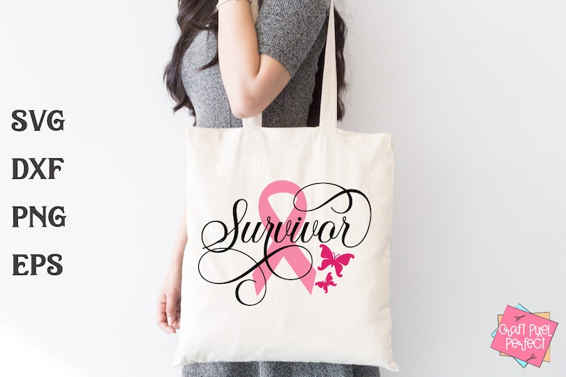 May include: A white tote bag with a pink ribbon and the word "Survivor" in black cursive script. Two pink butterflies are on the right side of the bag.