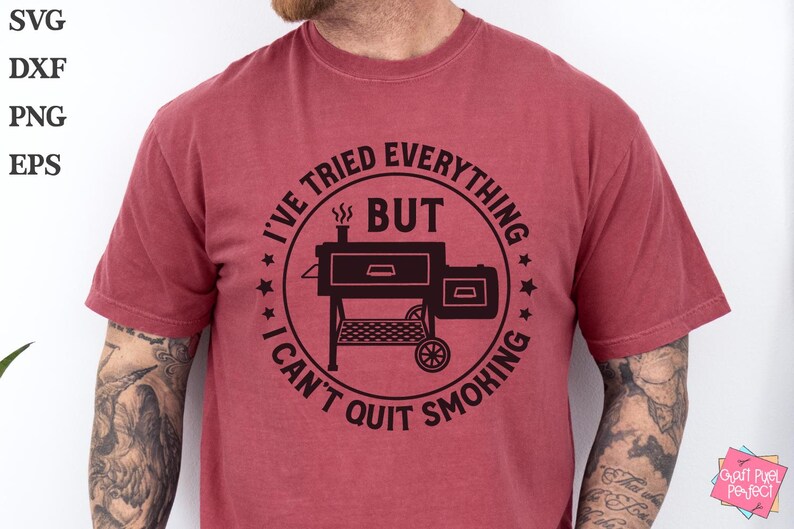 May include: A red t-shirt with a black graphic of a smoker and the text "I've tried everything but I can't quit smoking."