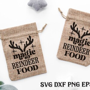 May include: Two brown burlap gift bags with black text and reindeer antlers. The text on the bags reads "* magic reindeer food *"