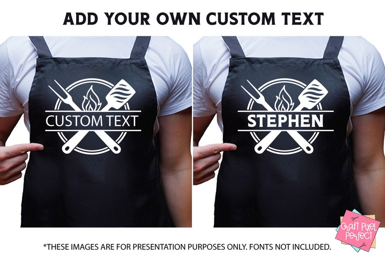 May include: Black apron with white text that says "CUSTOM TEXT" and a graphic of crossed grilling tools and a flame. The apron is being worn by a person.