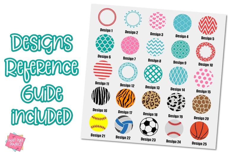 May include: A reference guide with 25 different designs for creating custom tumblers. The designs include a variety of patterns, sports, and animals. The designs are numbered 1 through 25.