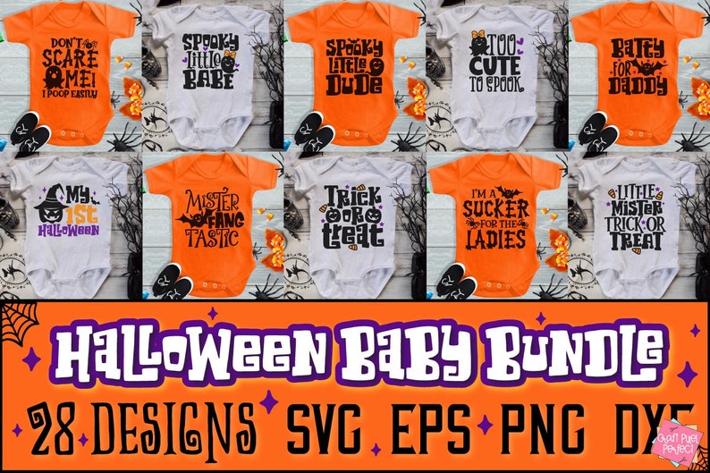 K&ouml;nnte beinhalten: Ein Set mit 28 Halloween-Baby-Bodys-Designs in den Formaten SVG, EPS, PNG und Sublimationsdruck. Die Designs zeigen verschiedene Halloween-Spr&uuml;che und Bilder, wie z. B. "Spooky Little Dude", "Too Cute to Spook" und "Mister Fang Tastic".