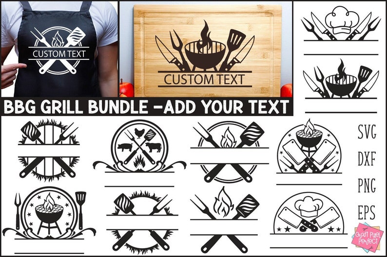 May include: A set of 10 black and white SVG, DXF, PNG, and EPS files for a BBQ grill bundle. The designs include a grill, spatula, tongs, and other grilling tools. The text "CUSTOM TEXT" is included in the design.