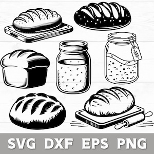 Può includere: Illustrazione in bianco e nero di vari tipi di pane, un tagliere, un mattarello e barattoli di vetro. L'immagine contiene anche il testo "SVG DXF EPS PNG". Il tema è la panetteria.