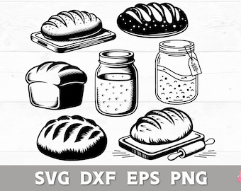 Könnte beinhalten: Schwarz-Weiß-Illustration verschiedener Brotsorten, eines Schneidebretts, einer Teigrolle und Gläsern. Der Text "SVG DXF EPS PNG" ist ebenfalls enthalten. Das Bild hat ein Bäckerei-Thema.