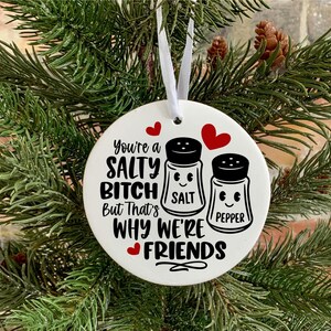 Puede incluir: Adorno redondo blanco con el texto "You're a Salty Bitch But That's Why We're Friends" con dos saleros y pimenteros con caras. El adorno est&aacute; colgado de un &aacute;rbol de Navidad verde.