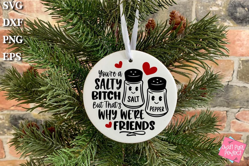 Puede incluir: Adorno redondo blanco con el texto "You're a Salty Bitch But That's Why We're Friends" con dos saleros y pimenteros con caras. El adorno est&aacute; colgado de un &aacute;rbol de Navidad verde.