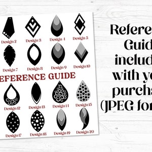 Pu&ograve; includere: Una guida di riferimento con 20 diversi design di orecchini. I design sono mostrati in bianco e nero e sono etichettati con i numeri da 1 a 20. Il testo "Guida di riferimento" &egrave; in rosso.