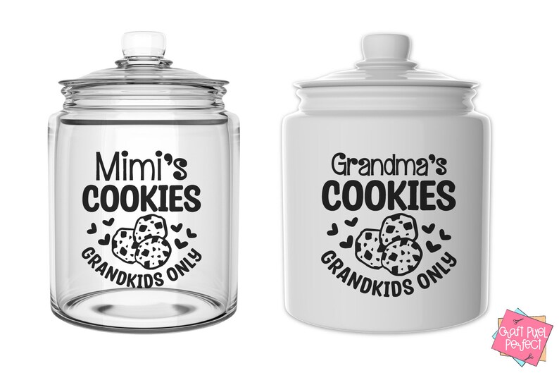 May include: Two cookie jars, one glass and one ceramic, with the text "Mimi's Cookies Grandkids Only" and "Grandma's Cookies Grandkids Only" on them. Both jars have a black and white image of cookies on them.