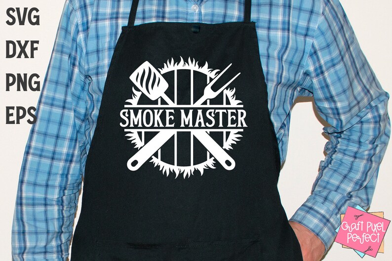 May include: A black apron with a white design of crossed grilling tools, a grill grate, flames, and the text "SMOKE MASTER".