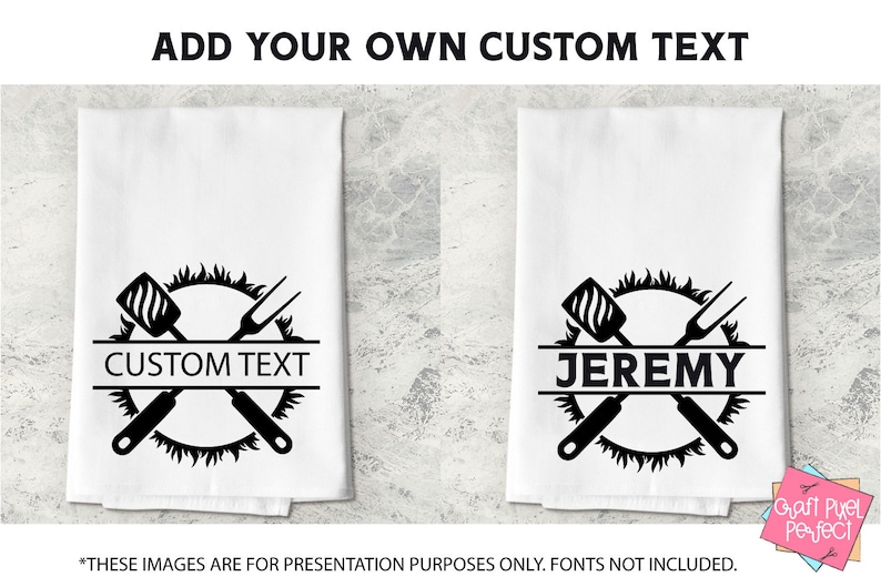 May include: Two white kitchen towels with black designs. The design is a circle with a crossed spatula and fork. The text "CUSTOM TEXT" and "JEREMY" are on the towels.