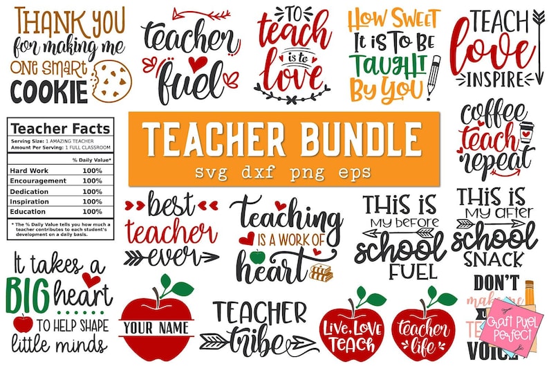 May include: A digital download bundle of 12 teacher-themed SVG, DXF, PNG, and EPS files. The designs feature phrases like "Teacher Fuel", "Teaching is a Work of Heart", and "Live. Love. Teach".