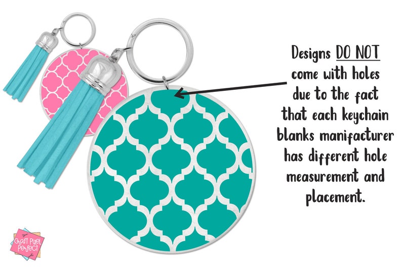 May include: Two round keychains with turquoise and pink geometric patterns and tassels. The text "Designs DO NOT come with holes due to the fact that each keychain blanks manufacturer has different hole measurement and placement." is visible in the image.