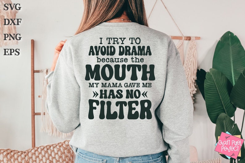 May include: A gray sweatshirt with black text that reads "I try to avoid drama because the mouth my mama gave me >>has no<< filter".