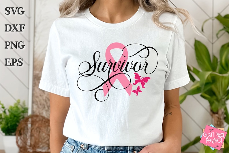 May include: A white t-shirt with a pink ribbon and the word "Survivor" in black script. Two pink butterflies are above the ribbon.