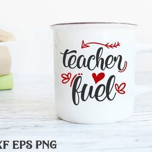 May include: White ceramic mug with a black and red design that says "teacher fuel" with an arrow and hearts.