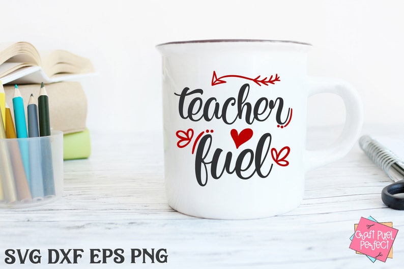 May include: White ceramic mug with a black and red design that says "teacher fuel" with an arrow and hearts.
