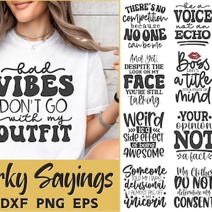Puede incluir: Un conjunto de 12 dise&ntilde;os digitales imprimibles con frases sarc&aacute;sticas y humor&iacute;sticas. Los dise&ntilde;os son en texto negro sobre fondo blanco. Algunas de las frases incluyen "Bad Vibes Don't Go With My Outfit", "There's No Competition Because No One Can Be Me", "Boss Isn't A Title It's A State Of Mind", and "Sleep Deprived But Still Alive".