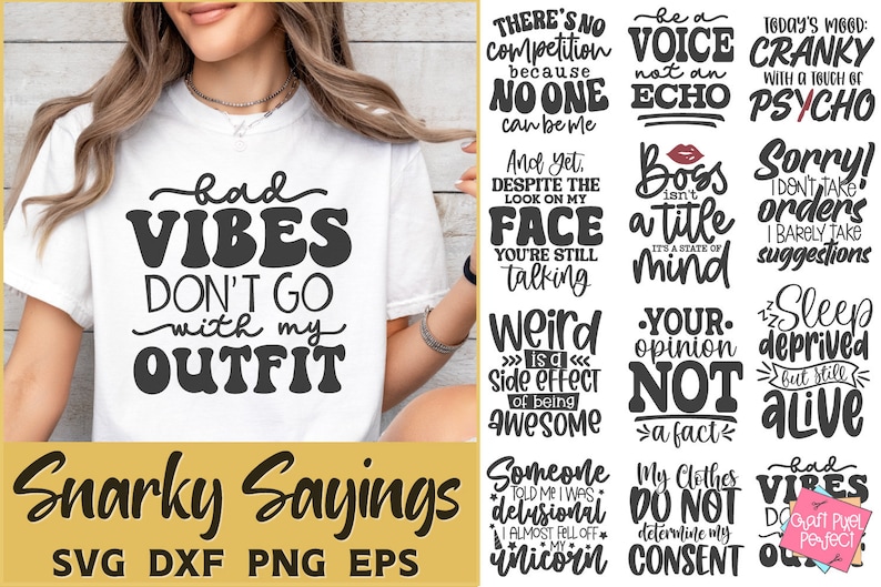 Puede incluir: Un conjunto de 12 dise&ntilde;os digitales imprimibles con frases sarc&aacute;sticas y humor&iacute;sticas. Los dise&ntilde;os son en texto negro sobre fondo blanco. Algunas de las frases incluyen "Bad Vibes Don't Go With My Outfit", "There's No Competition Because No One Can Be Me", "Boss Isn't A Title It's A State Of Mind", and "Sleep Deprived But Still Alive".