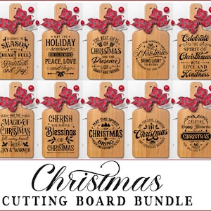 May include: A set of 12 Christmas-themed cutting boards with various festive sayings. The boards are made of natural wood and feature a red and white ribbon bow.