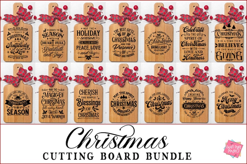 May include: A set of 12 Christmas-themed cutting boards with various festive sayings. The boards are made of natural wood and feature a red and white ribbon bow.
