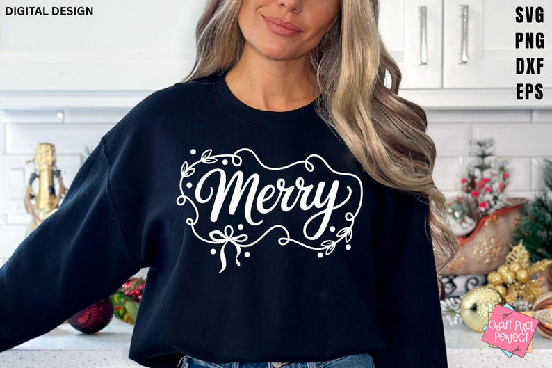 May include: A navy blue sweatshirt with the word "Merry" in white script, framed by a decorative floral design. The sweatshirt is a digital design, perfect for holiday apparel.