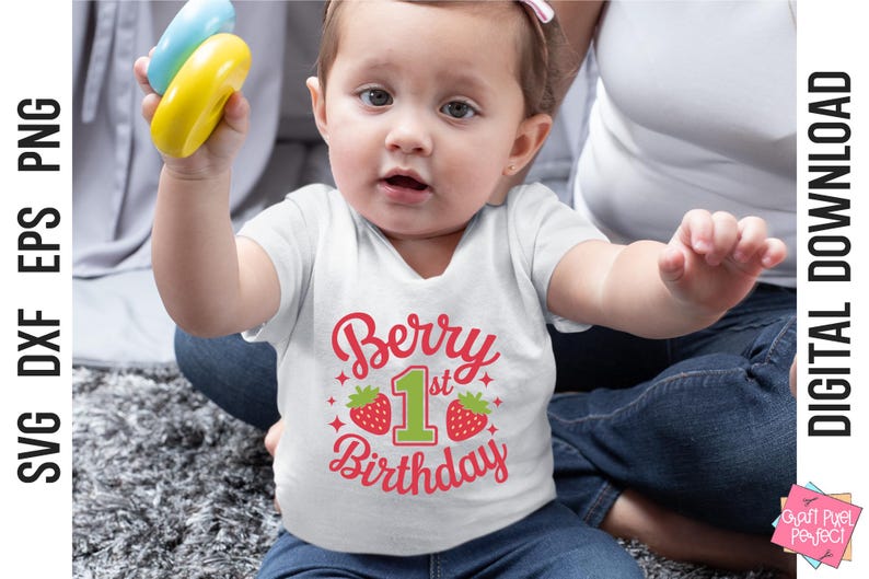 May include: A white onesie with a red and green graphic that says "Berry 1st Birthday" with two red strawberries on either side of the number one.