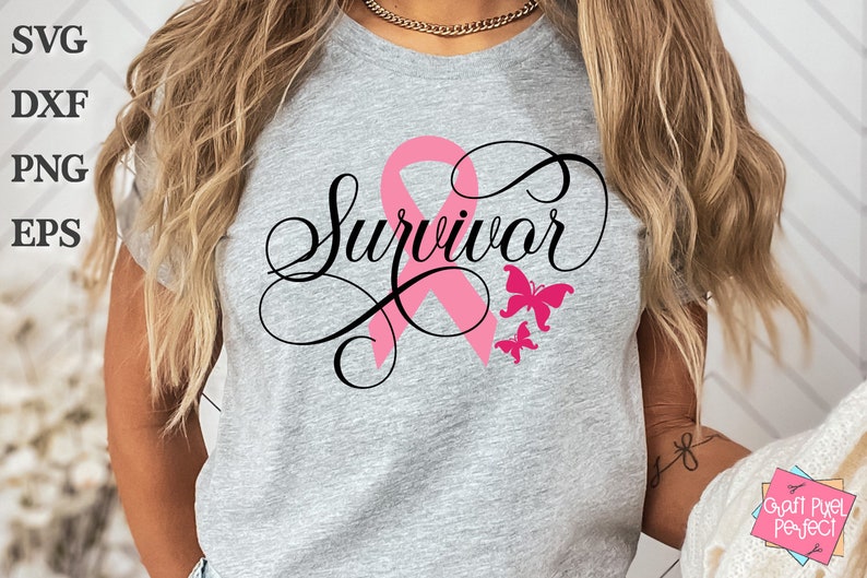 May include: A gray t-shirt with the word "Survivor" written in black cursive script. A pink ribbon is behind the word and two pink butterflies are above the word.
