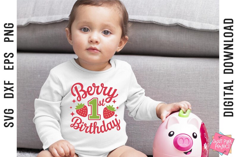 May include: A white long-sleeved shirt with the text "Berry 1st Birthday" in red and green. The number 1 is green and surrounded by two red strawberries.