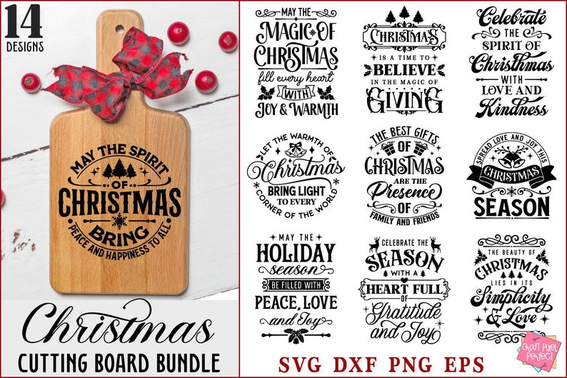 May include: A set of 14 Christmas cutting board designs featuring various festive sayings and graphics. The designs are in black and white and include phrases like "May the Spirit of Christmas Bring Peace and Happiness to All" and "Celebrate the Season with a Heart Full of Gratitude and Joy".